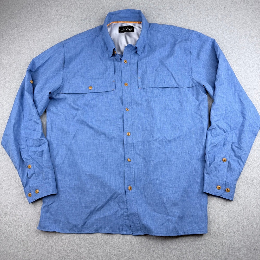 Orvis Mens Blue Long Sleeve Fishing Shirt Ventilated Mesh Back Pockets Large
